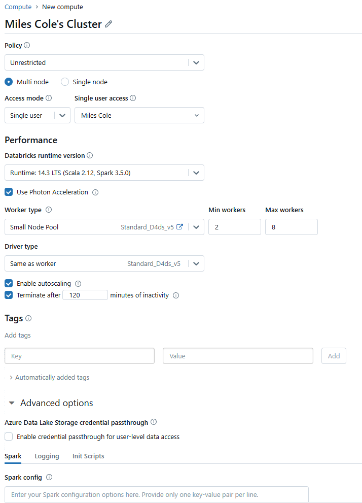 Databricks Cluster Config